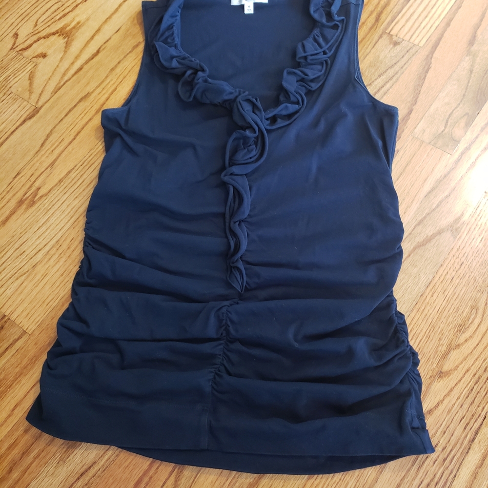 CAbi Dark Navy V-neck Ruffle-Trim/ Ruching Sleeveless Tank Top Size: M